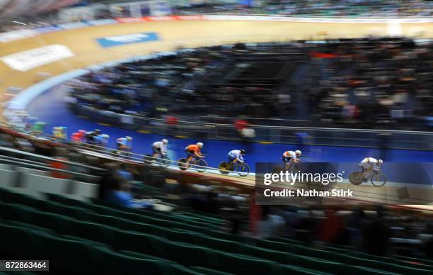 Aidan Caves of Canada competes in the Men's Omnium during the TISSOT UCI Track Cycling World Cup at National Cycling Centre at National Cycling...