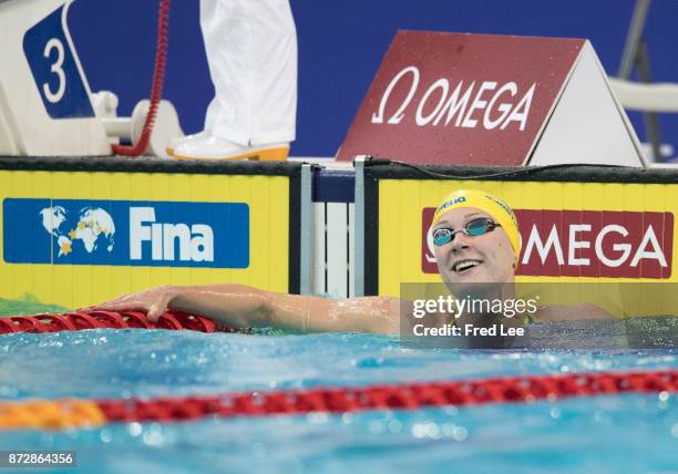 Sarah Sjostrom of Sweden competes in the Women's 100m freestyle final on day two of the FINA swimming world cup 2017 at Water Cube on November 11,...