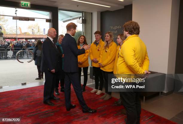 Prince Harry meets with the Commonwealth War Grave Commission volunteers before the Rugby Union International match between England and Argentina at...