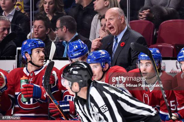 Head coach of the Montreal Canadiens Claude Julien gives out instructions to his players against the Vegas Golden Knights during the NHL game at the...
