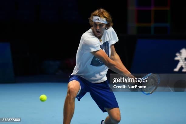 Alexander Zverev of Germany is pictured during a training session prior to the Nitto ATP World Tour Finals at O2 Arena, London on November 10, 2017.