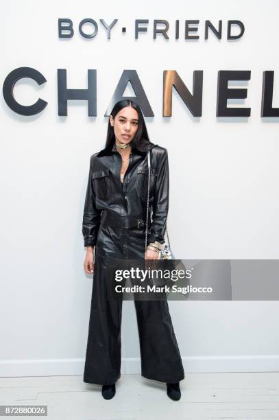 Aleali May, wearing CHANEL, attends the CHANEL celebration of the launch of The Coco Club at The Wing Soho on November 10, 2017 in New York City.