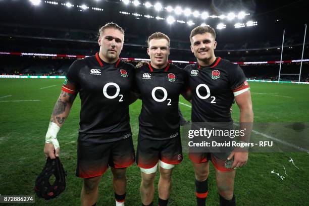 Harry Williams of England , Sam Simmonds of England and Henry Slade of England pose for a photograph after during the Old Mutual Wealth Series match...