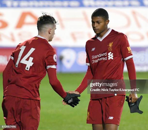 Liam Millar of Liverpool replaces Rhian Brewster to make his U23 debut during the Liverpool U23 v Newcastle United U23 Premier League International...