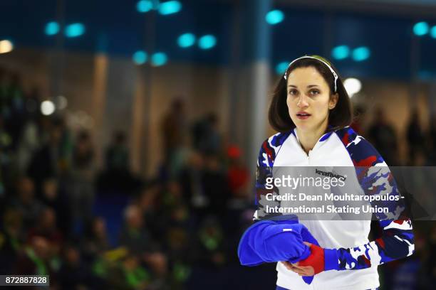 Yekaterina Shikhova of Russia looks on after she competes in the Womens 1500m race on day two during the ISU World Cup Speed Skating held at Thialf...