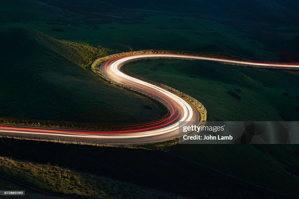 Mountain road at night.Long exposure.