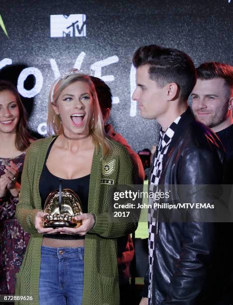 Mike Tompkins and Andie Case with their Cover of The Year Award during the MTV EMAs 2017 Breaks Sessions on November 11, 2017 in London, England.