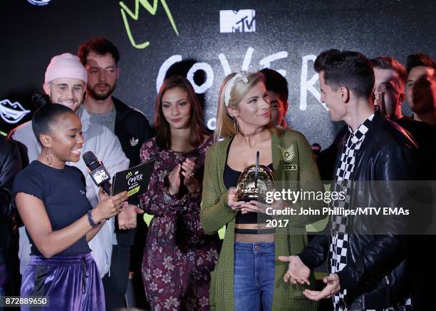 Tinea Taylor presents Mike Tompkins and Andie Case with their Cover of The Year Award during the MTV EMAs 2017 Breaks Sessions on November 11, 2017...