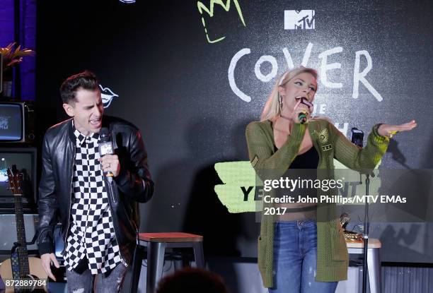 Mike Tompkins and Andie Case, winners of Cover of The Year Award, perform on stage during the MTV EMAs 2017 Breaks Sessions on November 11, 2017 in...