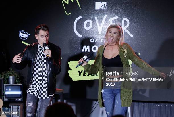 Mike Tompkins and Andie Case, winners of Cover of The Year Award, perform on stage during the MTV EMAs 2017 Breaks Sessions on November 11, 2017 in...