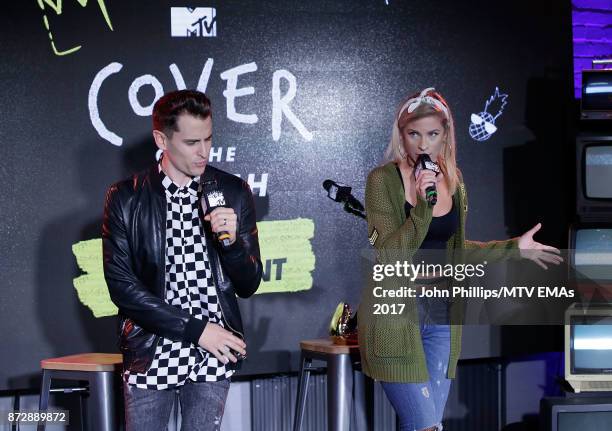 Mike Tompkins and Andie Case, winners of Cover of The Year Award, perform on stage during the MTV EMAs 2017 Breaks Sessions on November 11, 2017 in...