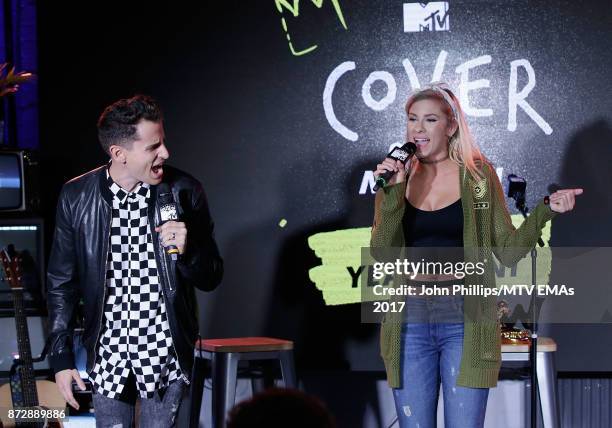 Mike Tompkins and Andie Case, winners of Cover of The Year Award, perform on stage during the MTV EMAs 2017 Breaks Sessions on November 11, 2017 in...