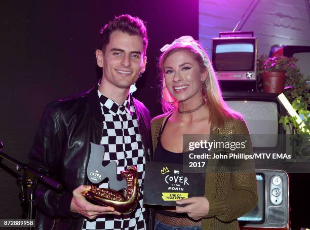 Mike Tompkins and Andie Case with their Cover of The Year Award during the MTV EMAs 2017 Breaks Sessions on November 11, 2017 in London, England.