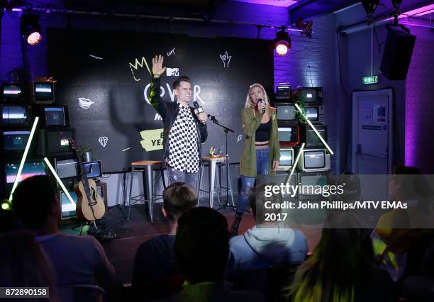 Mike Tompkins and Andie Case, winners of Cover of The Year Award, perform on stage during the MTV EMAs 2017 Breaks Sessions on November 11, 2017 in...