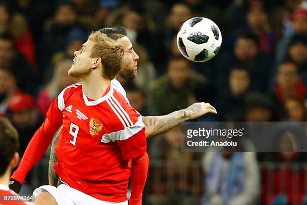 Alexander Kokorin of Russia in action during the international friendly match between Russia and Argentina at BSA OC "Luzhniki" Stadium in Moscow,...