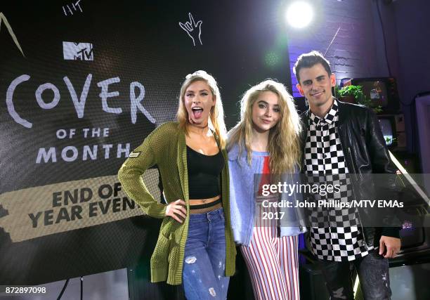 Mike Tompkins and Andie Case winners of the Cover of The Year Award, pose with Sabrina Carpenter during the MTV EMAs 2017 Breaks Sessions on November...