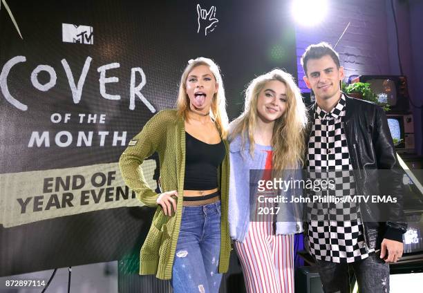 Mike Tompkins and Andie Case winners of the Cover of The Year Award, pose with Sabrina Carpenter during the MTV EMAs 2017 Breaks Sessions on November...