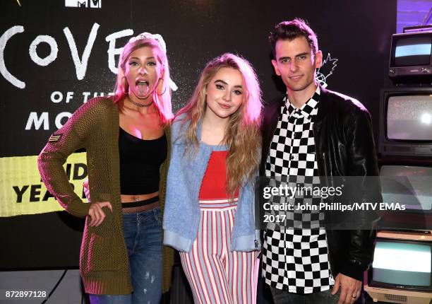 Mike Tompkins and Andie Case winners of the Cover of The Year Award, pose with Sabrina Carpenter during the MTV EMAs 2017 Breaks Sessions on November...