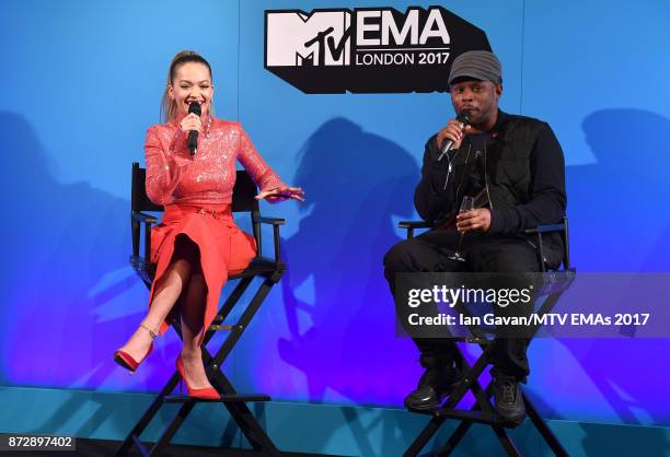 Rita Ora and Sway speak on stage during the Velocity "On Set with Viacom" Showcase held at Ambika P3 ahead of the MTV EMAs 2017 on November 11, 2017...