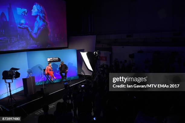 Rita Ora and Sway speak on stage during the Velocity "On Set with Viacom" Showcase held at Ambika P3 ahead of the MTV EMAs 2017 on November 11, 2017...
