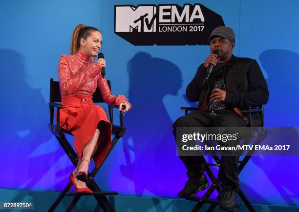 Rita Ora and Sway speak on stage during the Velocity "On Set with Viacom" Showcase held at Ambika P3 ahead of the MTV EMAs 2017 on November 11, 2017...