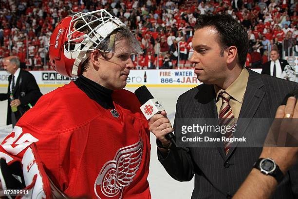 Chris Osgood of the Detroit Red Wings is interviewed by Elliotte Friedman of CBC Sports television from Canada about defeating the Anaheim Ducks 4-3...