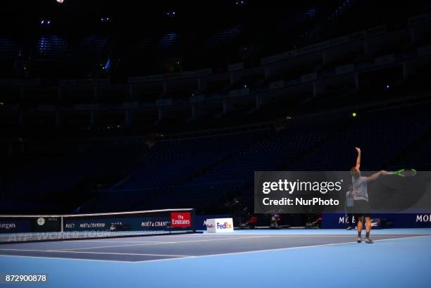 David Goffin of Belgium in action during a training session prior to the the Nitto ATP World Tour Finals at O2 Arena, London on November 11, 2017.