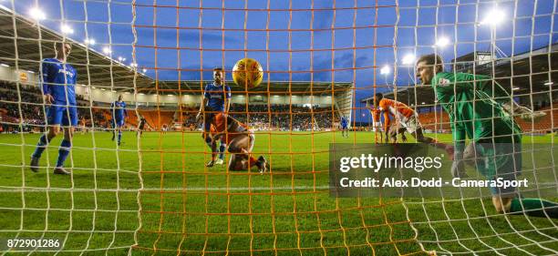 Blackpool players celebrate Viv Solomon-Otabor's equaliser which brought the score to 1-1 during the Sky Bet League One match between Blackpool and...