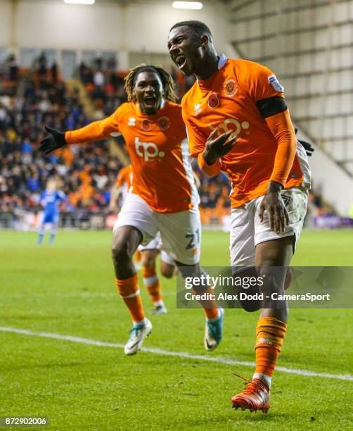 Blackpool's Viv Solomon-Otabor celebrates scoring his side's first goal during the Sky Bet League One match between Blackpool and Wigan Athletic at...