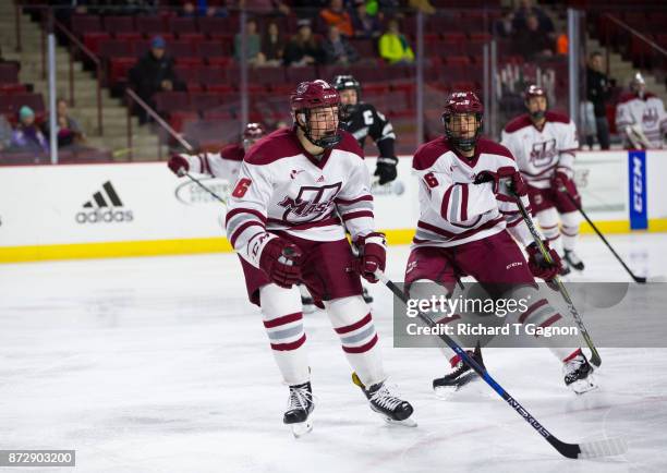 Cale Makar of the Massachusetts Minutemen skates against the Providence College Friars during NCAA hockey at the Mullins Center on November 9, 2017...