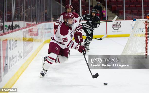 George Mika of the Massachusetts Minutemen skates against the Providence College Friars during NCAA hockey at the Mullins Center on November 9, 2017...