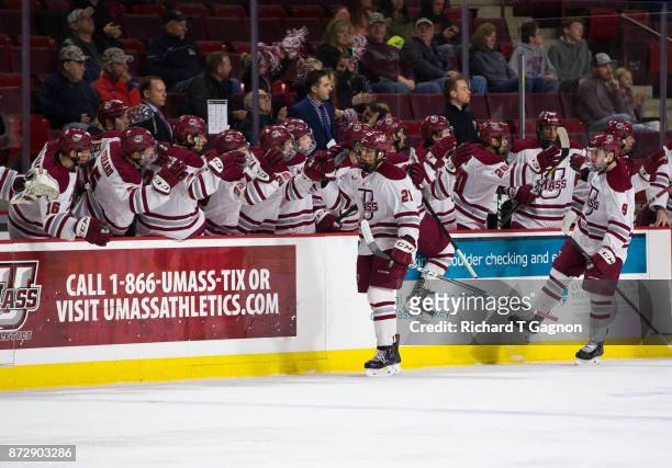 Mitchell Chaffee of the Massachusetts Minutemen celebrates his goal against the Providence College Friars during NCAA hockey at the Mullins Center on...