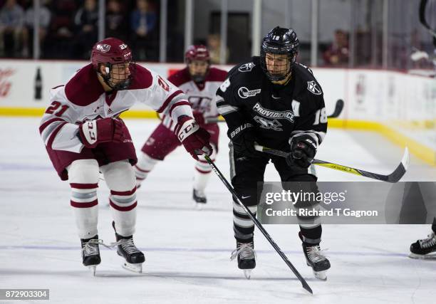 Jacob Bryson of the Providence College Friars skates against the Massachusetts Minutemen during NCAA hockey at the Mullins Center on November 9, 2017...