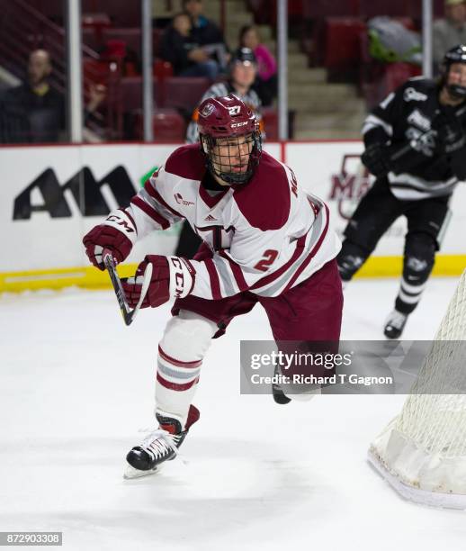 Eetu Torpström of the Massachusetts Minutemen skates against the Providence College Friars during NCAA hockey at the Mullins Center on November 9,...