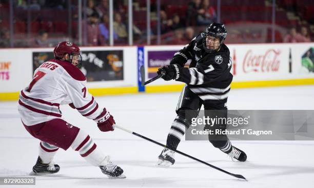 Ben Mirageas of the Providence College Friars scores a goal on this shot against the Massachusetts Minutemen during NCAA hockey at the Mullins Center...