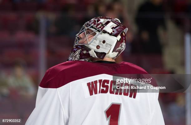Ryan Wischow of the Massachusetts Minutemen tends goal against the Providence College Friars during NCAA hockey at the Mullins Center on November 9,...
