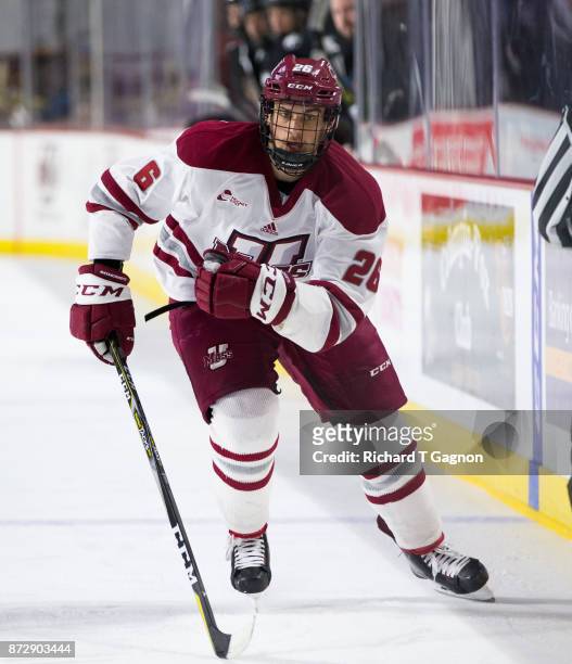 Niko Rufo of the Massachusetts Minutemen skates against the Providence College Friars during NCAA hockey at the Mullins Center on November 9, 2017 in...