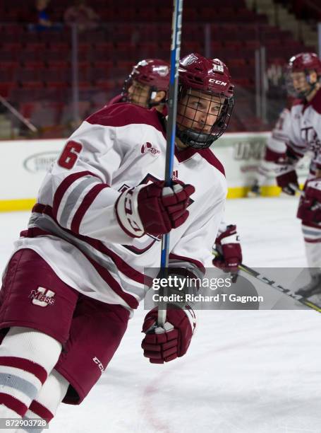 Cale Makar of the Massachusetts Minutemen warms up before a game against the Providence College Friars during NCAA hockey at the Mullins Center on...