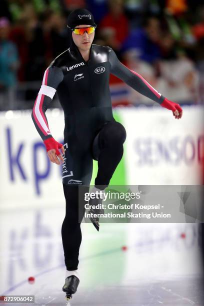 Vincent de Haitre of Canada prepares during the men 1500m Division A race on Day Two during the ISU World Cup Speed Skating at the Thialf on November...