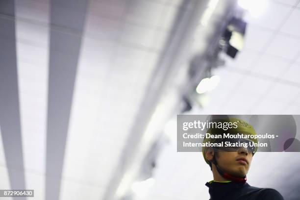 Ryosuke Tsuchiya of Japan gets ready to compete in the mens Mass Start on day two during the ISU World Cup Speed Skating held at Thialf on November...