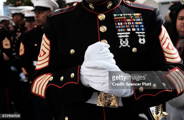 Marines prepare to march in the Veterans Day Parade on November 11, 2017 in New York City. The largest Veterans Day event in the nation, this year's...