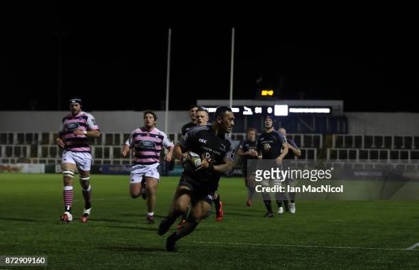 Sinoti Sinoti of Newcastle Falcons runs through to score this teams sixth try of the game during the Anglo-Welsh Cup match between Newcastle Falcons...