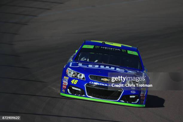 Jimmie Johnson, driver of the Lowe's Chevrolet, practices for the Monster Energy NASCAR Cup Series Can-Am 500 at Phoenix International Raceway on...