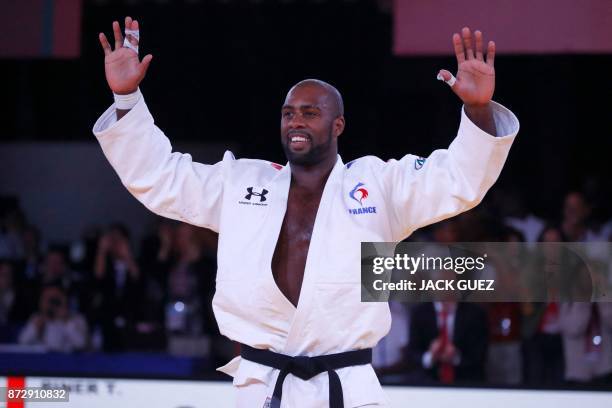 France's Teddy Riner gestures after defeating Belgium's Toma Nikiforov during the Judo World Championships Open in Marrakesh on November 11, 2017.
