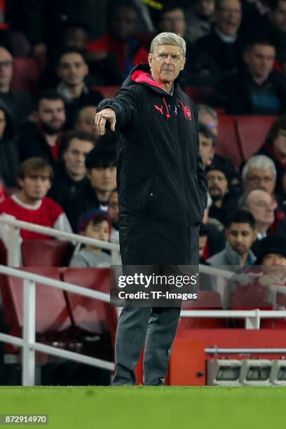 Head coach Arsene Wenger of Arsenal gestures during UEFA Europa League Group H match between Arsenal and Red Star Belgrade at The Emirates, London 2...