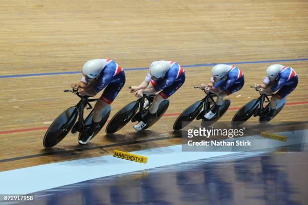 Steven Burke, Edward Clancy, Oliver Wood and Kian Emadi of Great Britain compete in the Mens Final Pursuit during the TISSOT UCI Track Cycling World...