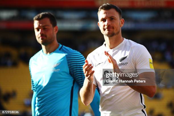 Tommy Smith of the All Whites thanks the crowd after drawing the 2018 FIFA World Cup Qualifier match between the New Zealand All Whites and Peru at...