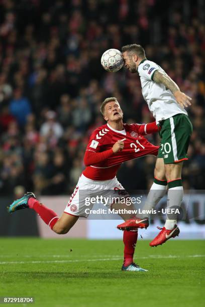 Andreas Bjelland of Denmark and Shane Duffy of the Republic of Ireland in action during the FIFA 2018 World Cup Qualifier Play-Off: First Leg between...