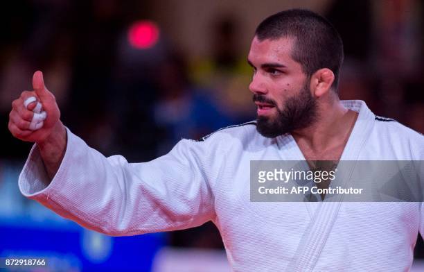 Belgium's Toma Nikiforov gestures during his match against Japan's Kokoro Kageura at the Judo World Championships Open in Marrakesh on November 11,...