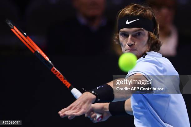 Andrey Rublev from Russia returns the ball to Hyeon Chung from South Korea in their men's singles tennis final match during the first edition of the...